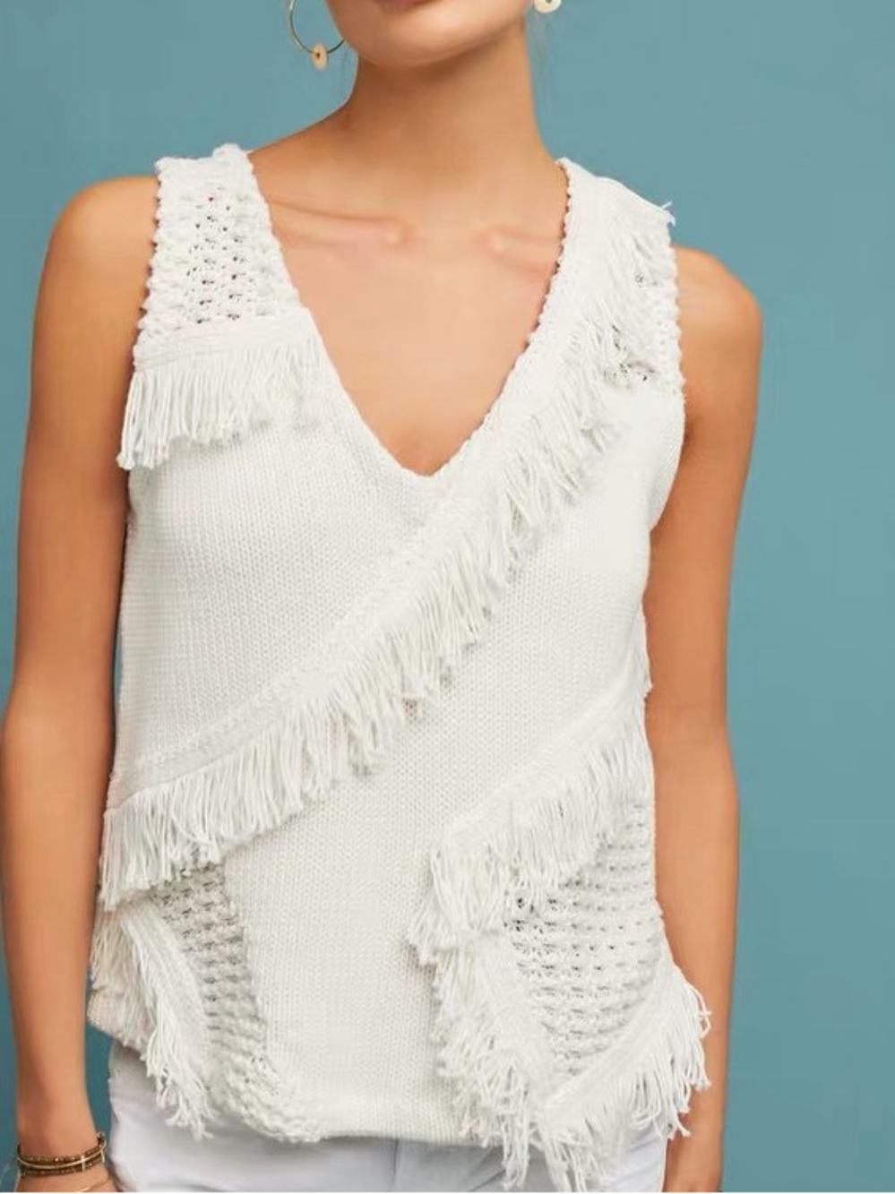 NWT Anthropologie Postmark Pacific Fringed Sweater Cotton Silk Top Size S